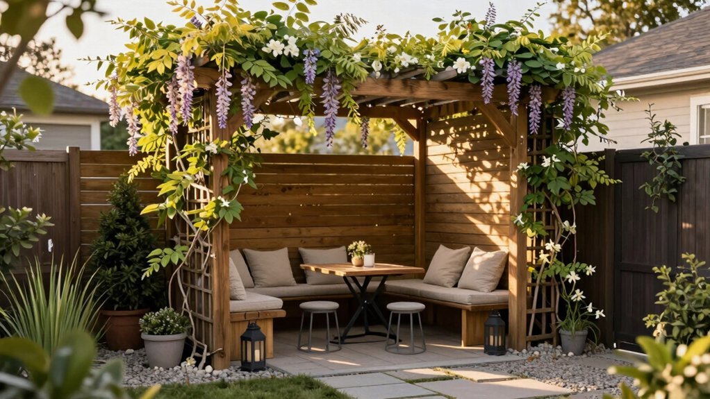 corner pergola with climbing vines