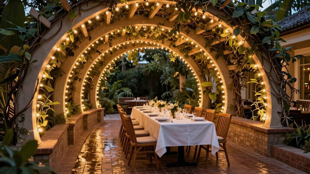 curved pergola elevates dining spaces