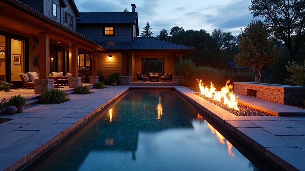 double sided pool patio fireplace
