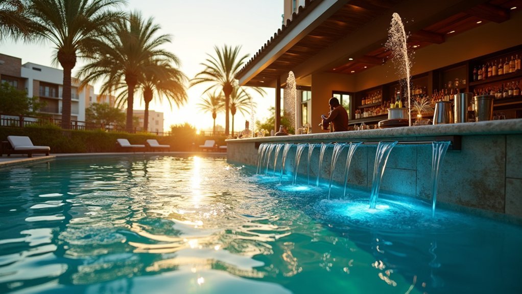 layered illuminated poolside waterfalls