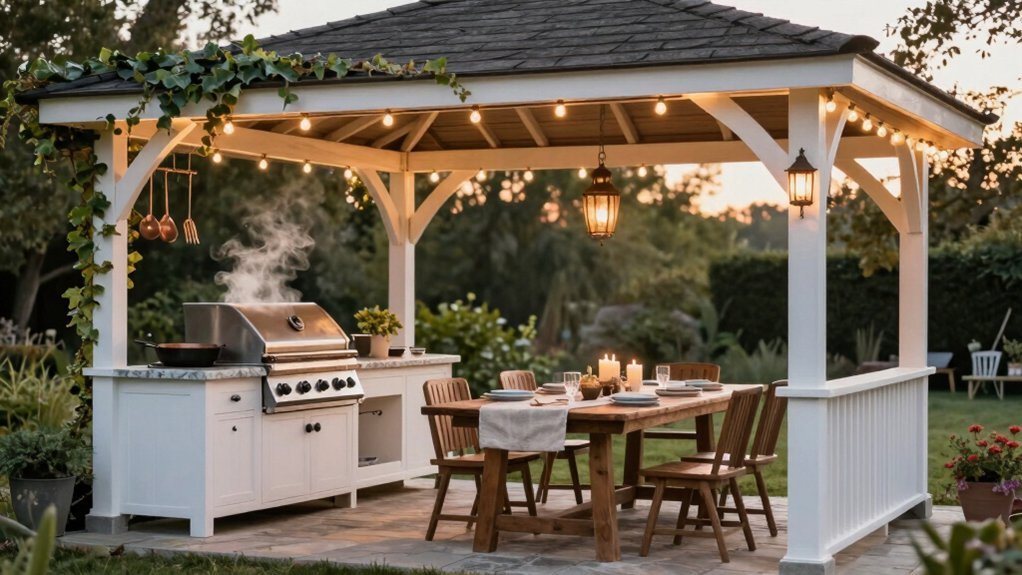 outdoor cook station under gazebo with storage