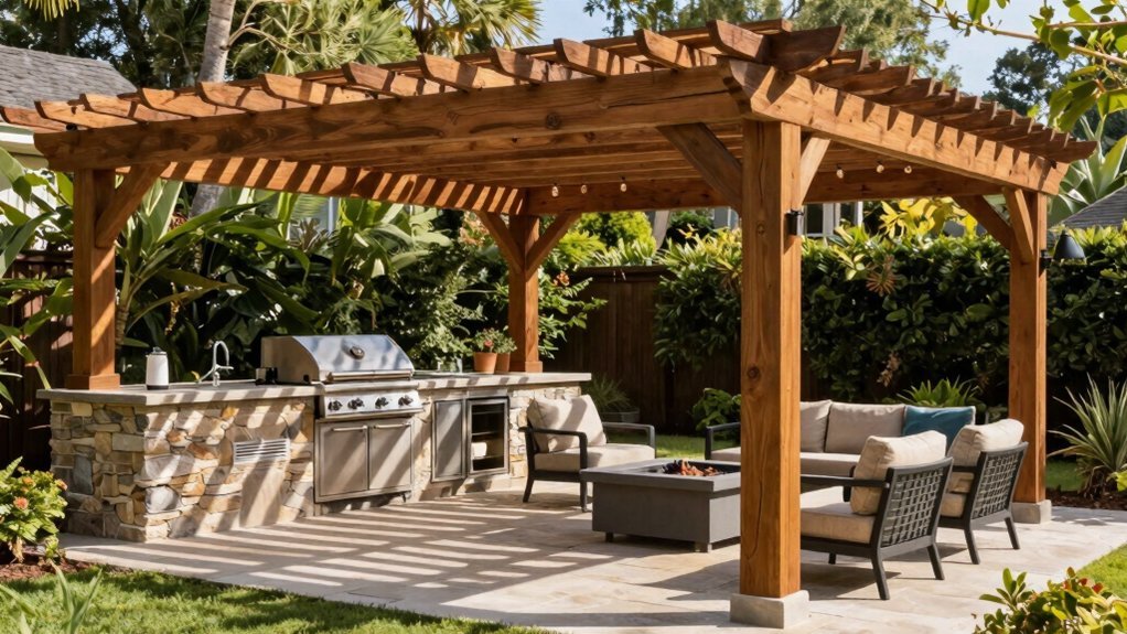 outdoor kitchen under pergola with utilities