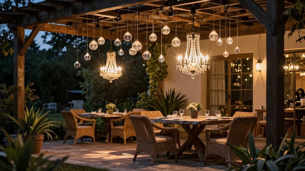pendant lighting heightens pergola ambiance