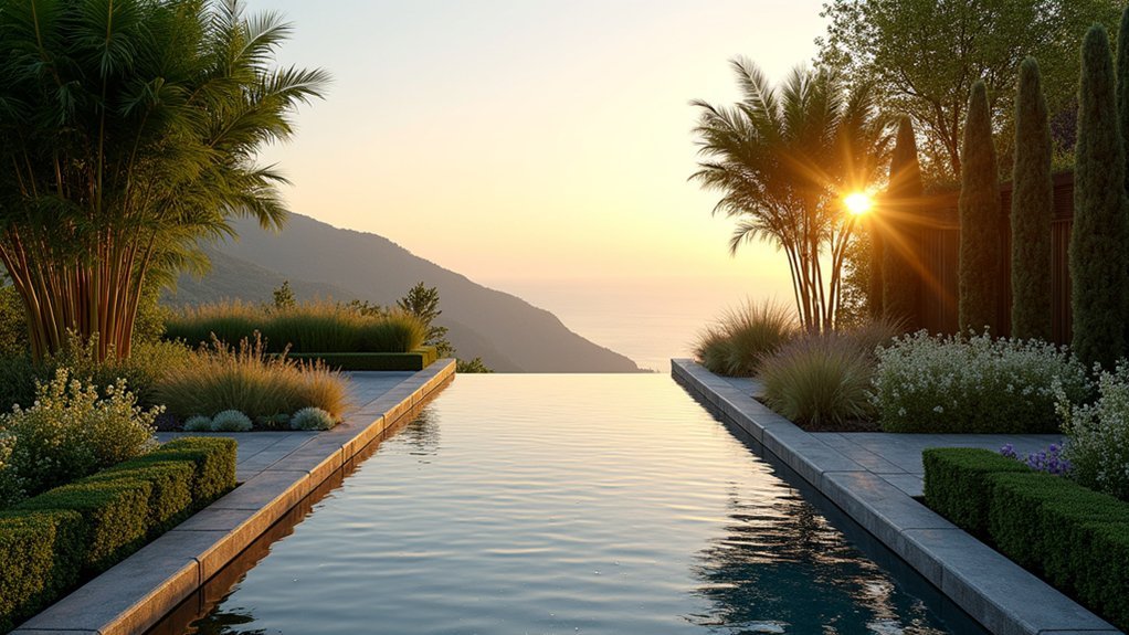 plants framing infinity pool