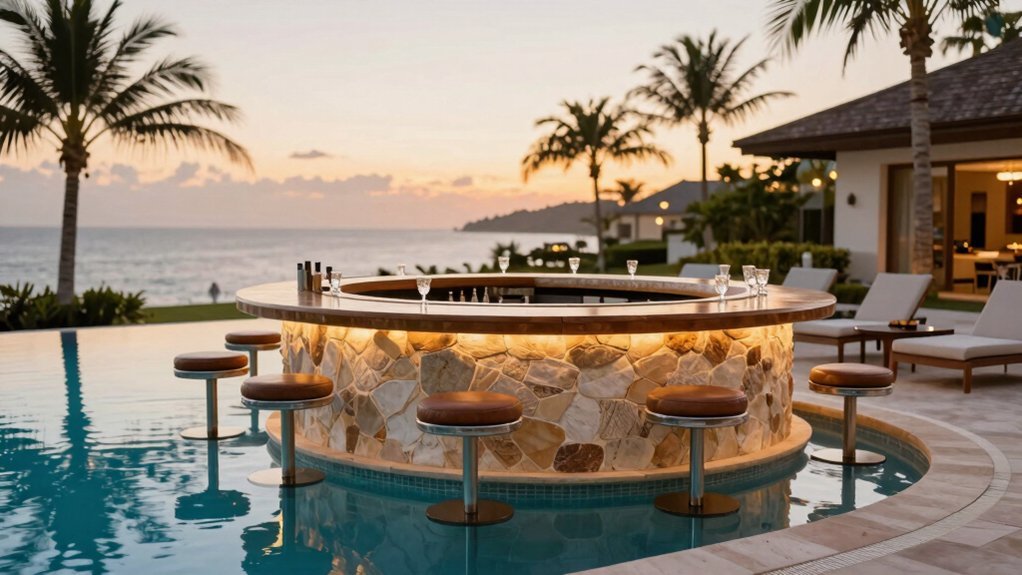 swim up bar with submerged stools