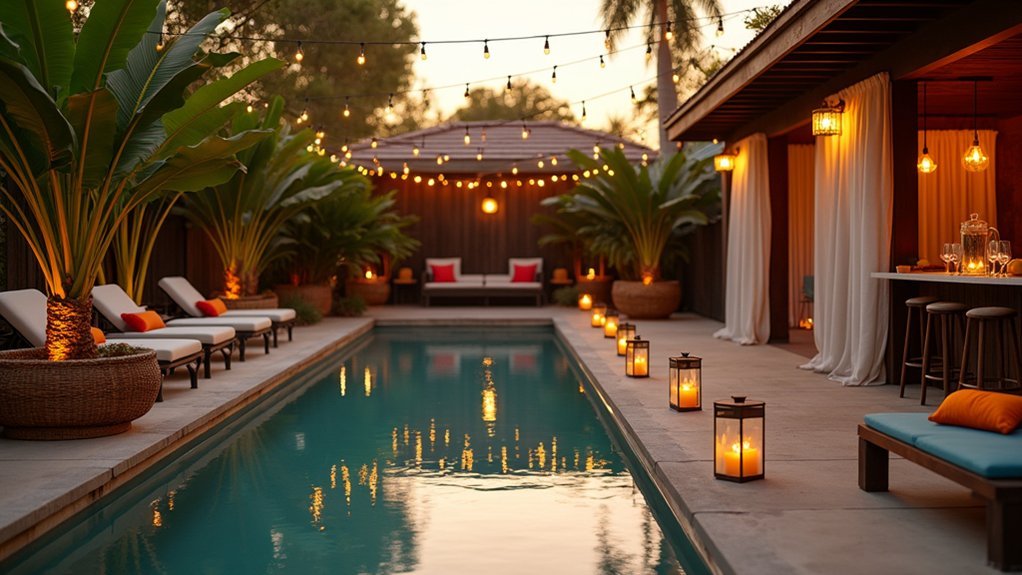warm layered poolside lighting ambiance